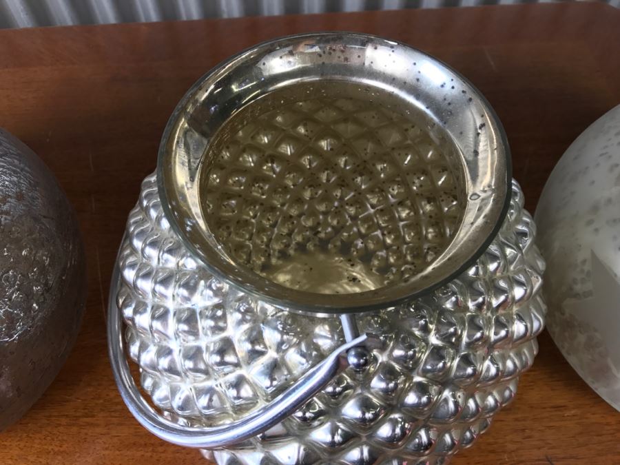 (3) Glass Decorative Candleholders And Silver Tone Metal Basket [Photo 5]