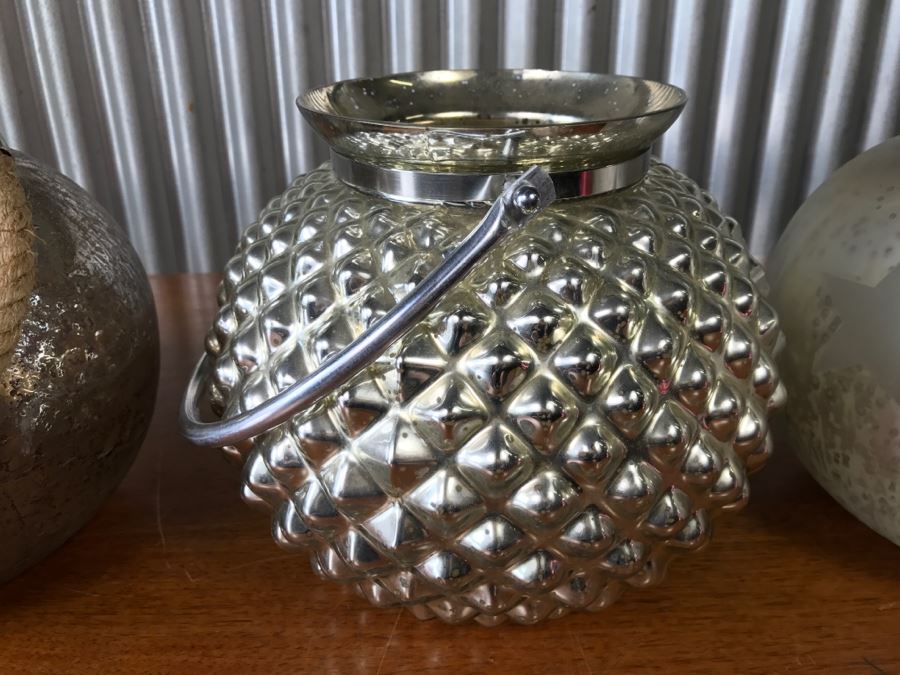 (3) Glass Decorative Candleholders And Silver Tone Metal Basket [Photo 3]