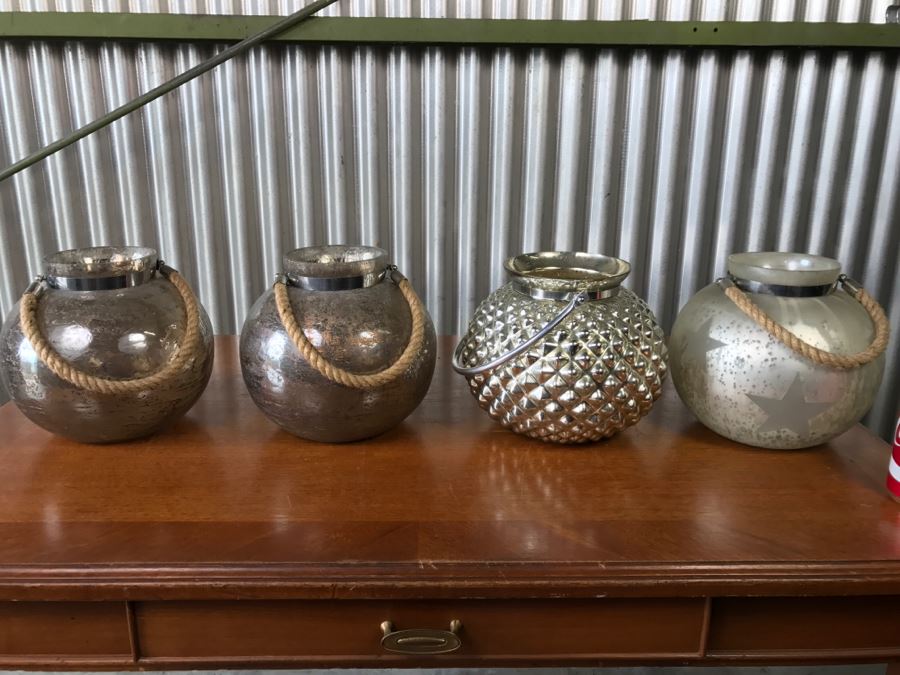 (3) Glass Decorative Candleholders And Silver Tone Metal Basket [Photo 1]