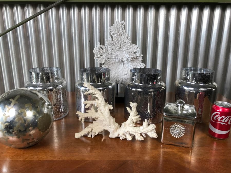 Home Decor Lot With Faux Coral, Silver Glass Jars And Silver Glass Decorative Ball