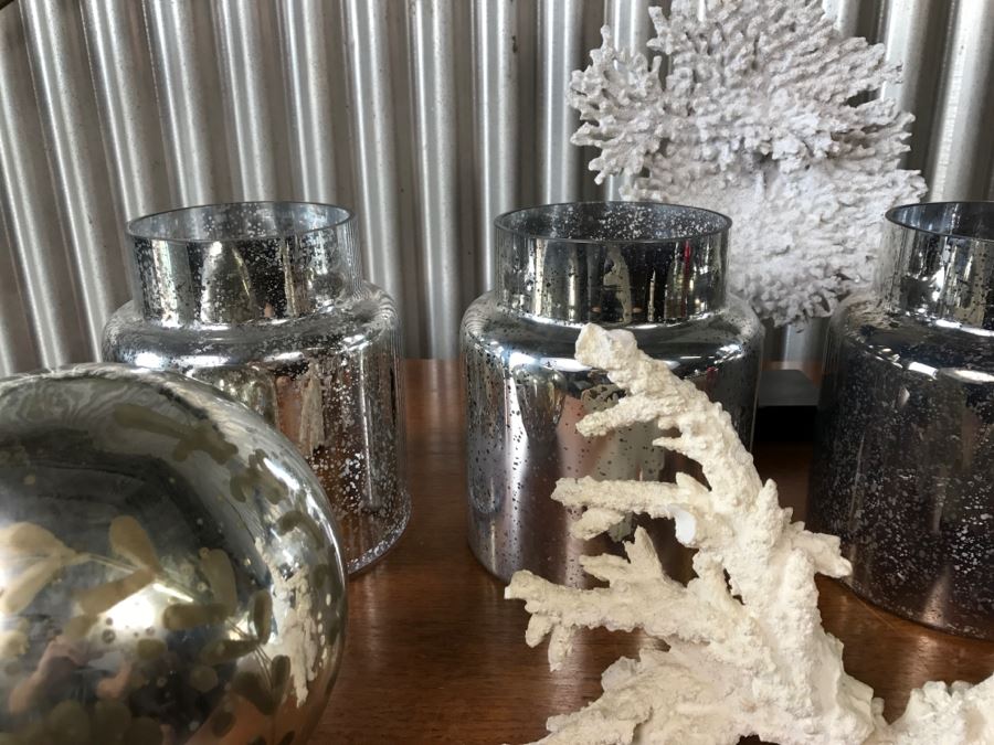 Home Decor Lot With Faux Coral, Silver Glass Jars And Silver Glass Decorative Ball [Photo 7]