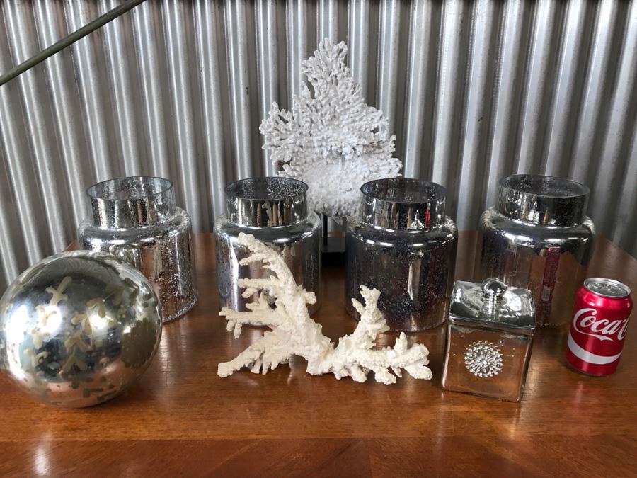 Home Decor Lot With Faux Coral, Silver Glass Jars And Silver Glass Decorative Ball [Photo 2]