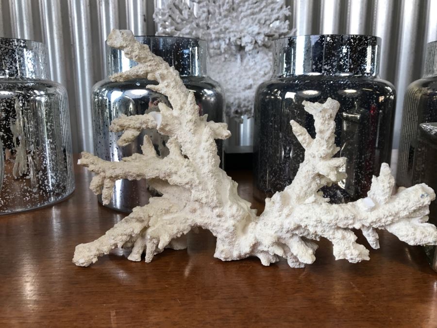 Home Decor Lot With Faux Coral, Silver Glass Jars And Silver Glass Decorative Ball [Photo 4]