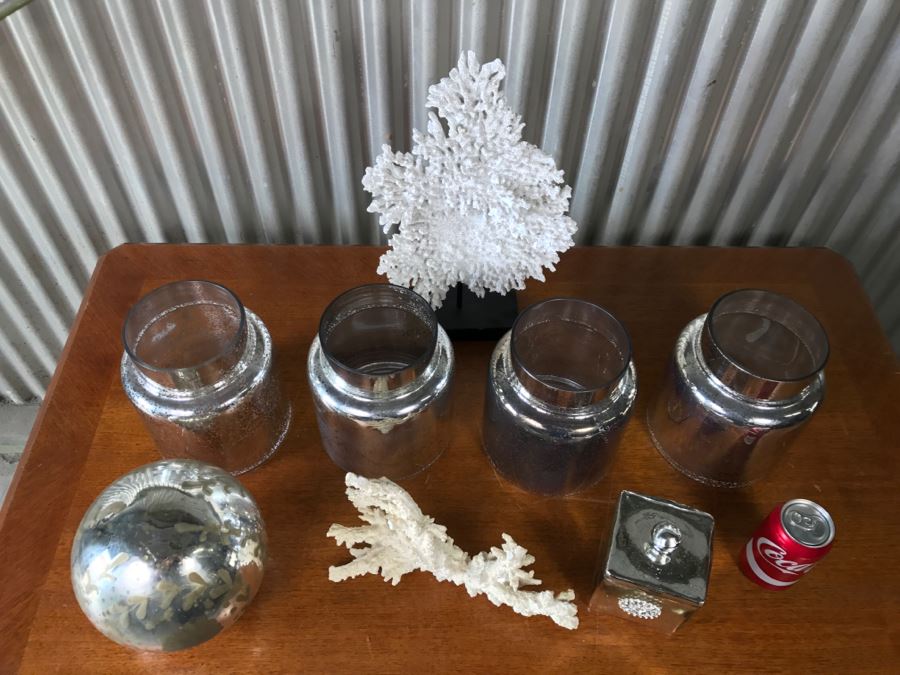 Home Decor Lot With Faux Coral, Silver Glass Jars And Silver Glass Decorative Ball [Photo 8]