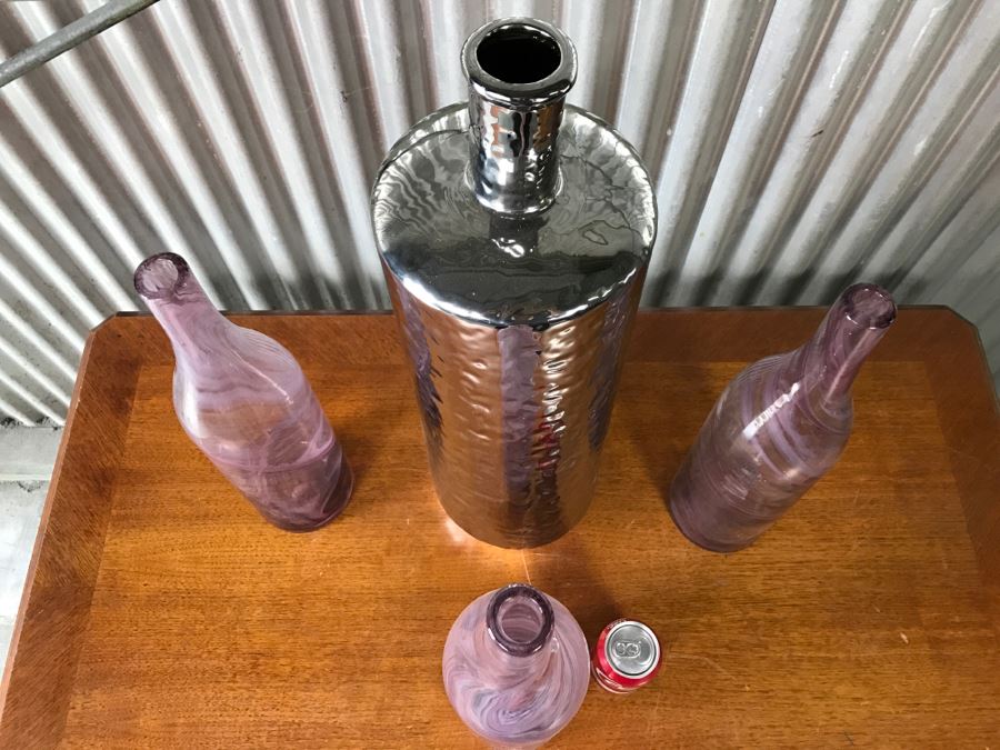Large Silver Tone Bottle And (3) Purple Swirl Glass Bottles Vases [Photo 9]
