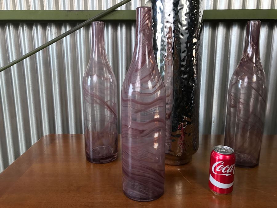 Large Silver Tone Bottle And (3) Purple Swirl Glass Bottles Vases [Photo 2]