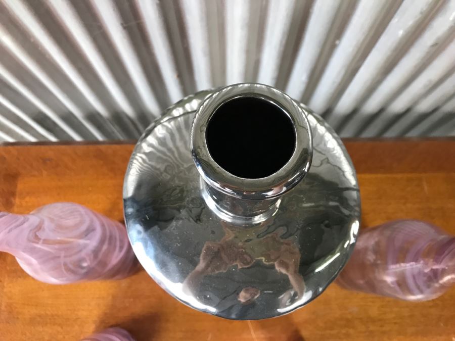 Large Silver Tone Bottle And (3) Purple Swirl Glass Bottles Vases [Photo 8]