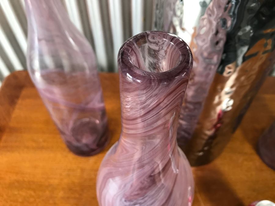 Large Silver Tone Bottle And (3) Purple Swirl Glass Bottles Vases [Photo 4]