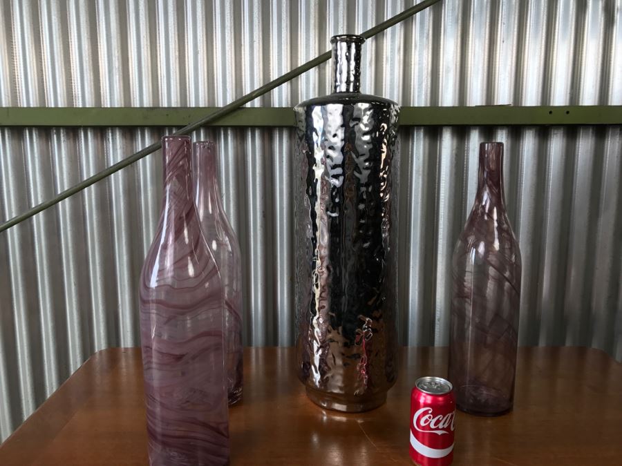 Large Silver Tone Bottle And (3) Purple Swirl Glass Bottles Vases [Photo 5]