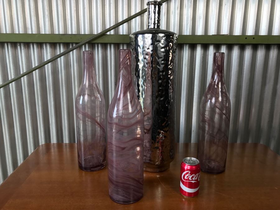 Large Silver Tone Bottle And (3) Purple Swirl Glass Bottles Vases