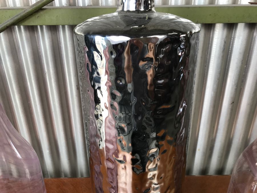 Large Silver Tone Bottle And (3) Purple Swirl Glass Bottles Vases [Photo 6]