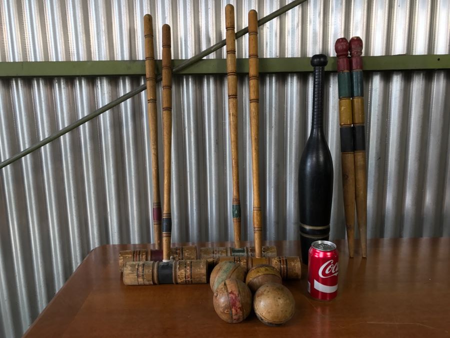 Vintage Wooden Croquet Set With Black Excercise Pin [Photo 2]