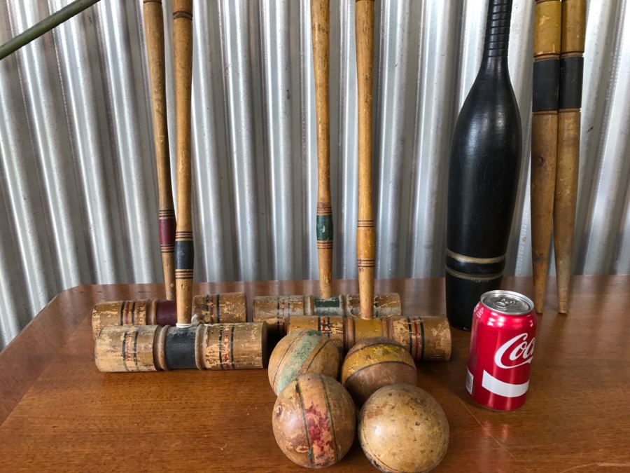 Vintage Wooden Croquet Set With Black Excercise Pin