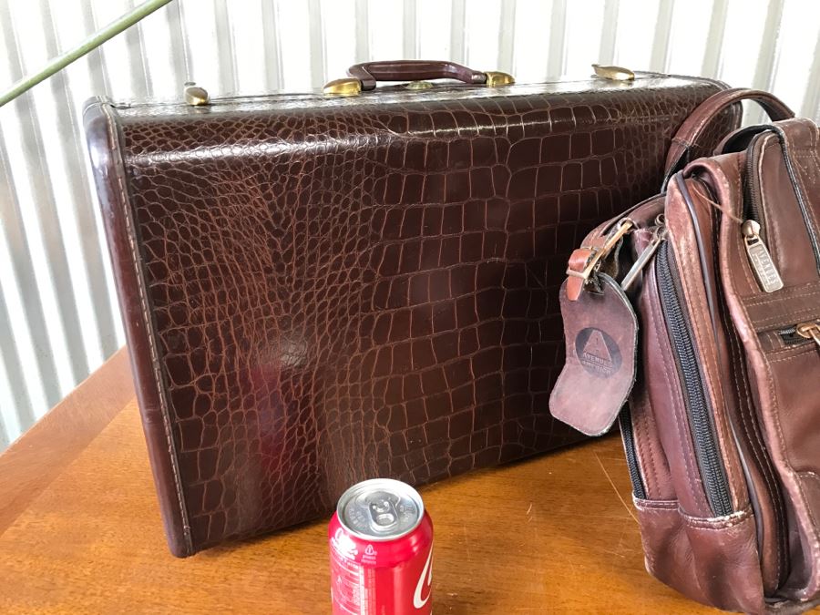 Samsonite Faux Alligator Luggage With Key In Great Condition And Leather Briefcase [Photo 6]