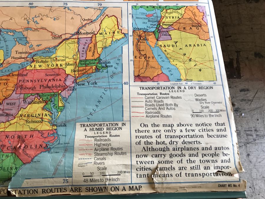 Vintage School Map 'Map Symbols Pictured' A.J. Nystrom & Co. Chart MS No. 4 Several Tears On Bottom [Photo 10]