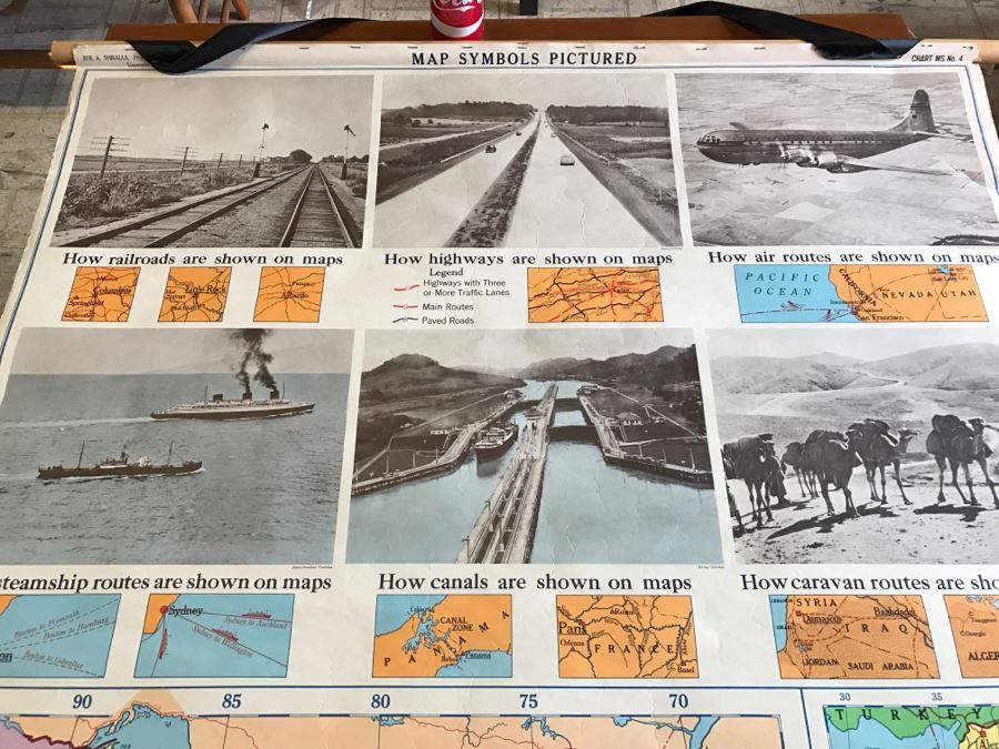 Vintage School Map 'Map Symbols Pictured' A.J. Nystrom & Co. Chart MS No. 4 Several Tears On Bottom [Photo 2]
