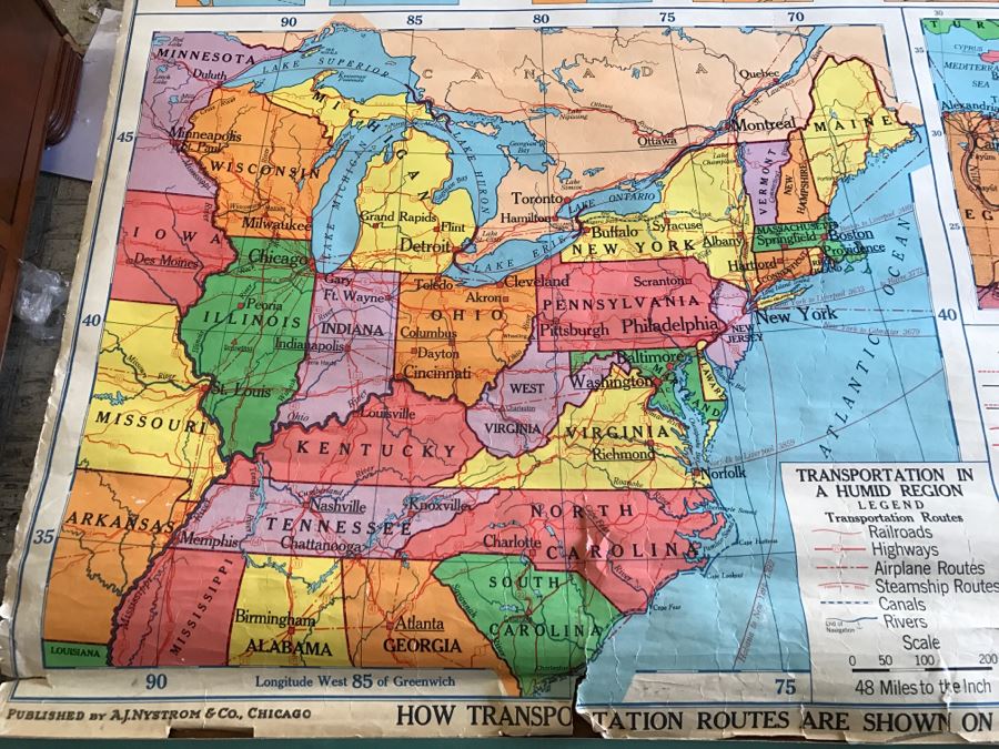Vintage School Map 'Map Symbols Pictured' A.J. Nystrom & Co. Chart MS No. 4 Several Tears On Bottom [Photo 9]