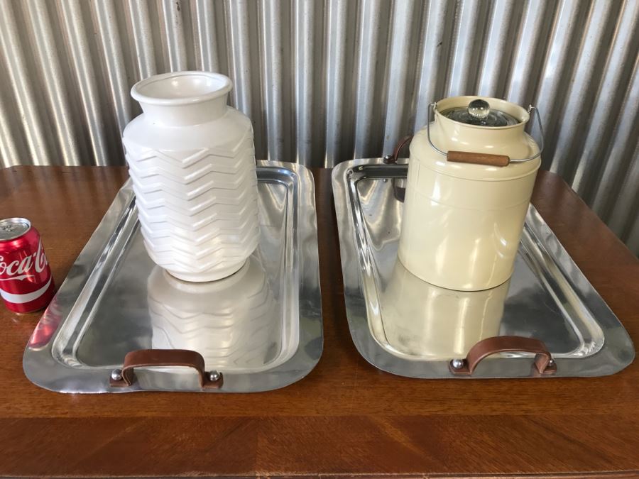 Several Metal Trays, Jug And White Vase