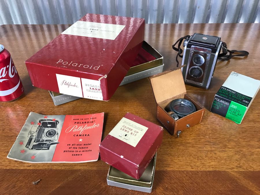 Polaroid Pathfinder Land Camera 'Box Only', Polaroid Close-Up Lens Kit With Box, Polaroid Black & White Film Unused With Box And Kodak Duaflex IV Camera [Photo 1]