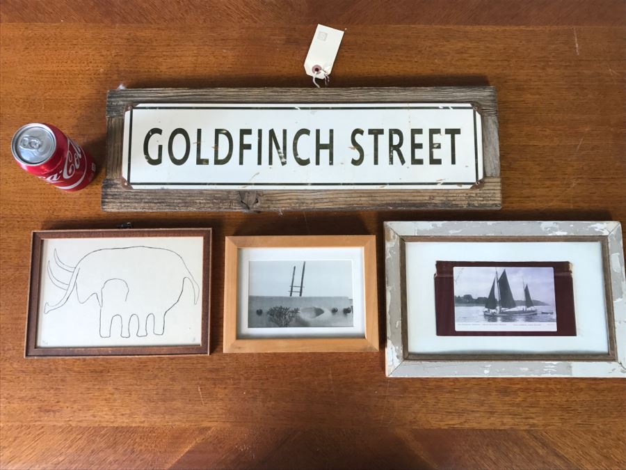 Goldfinch Street Sign Mounted On Board, Original Vintage 1975 Elephant Sketch And (2) Framed Photographs