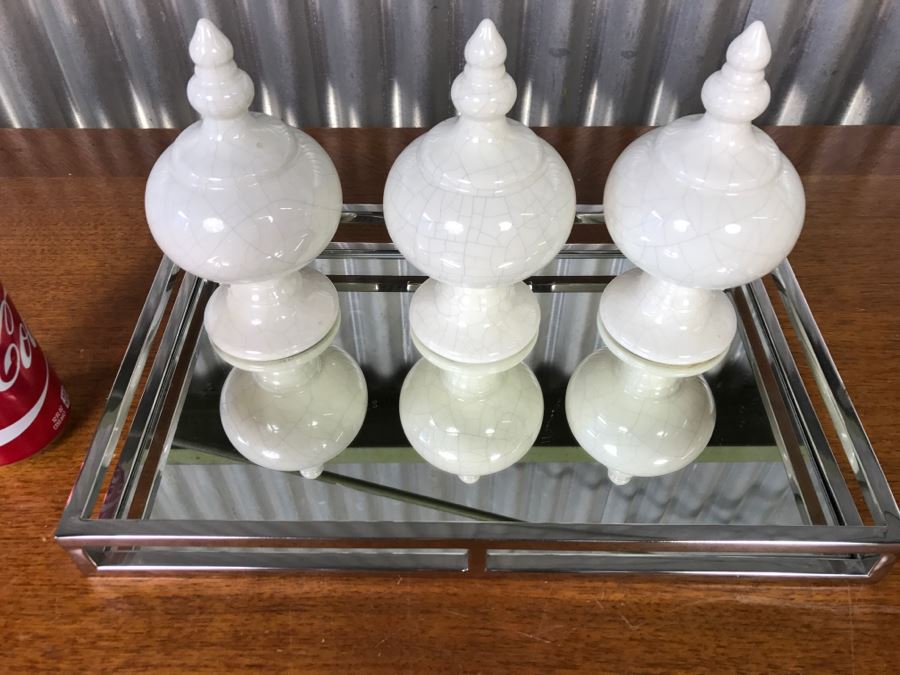 Chrome Mirrored Tray With (3) White Decorative Ornaments [Photo 2]