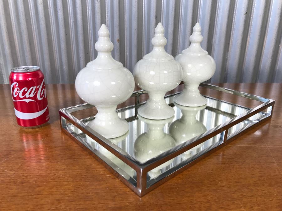 Chrome Mirrored Tray With (3) White Decorative Ornaments [Photo 4]