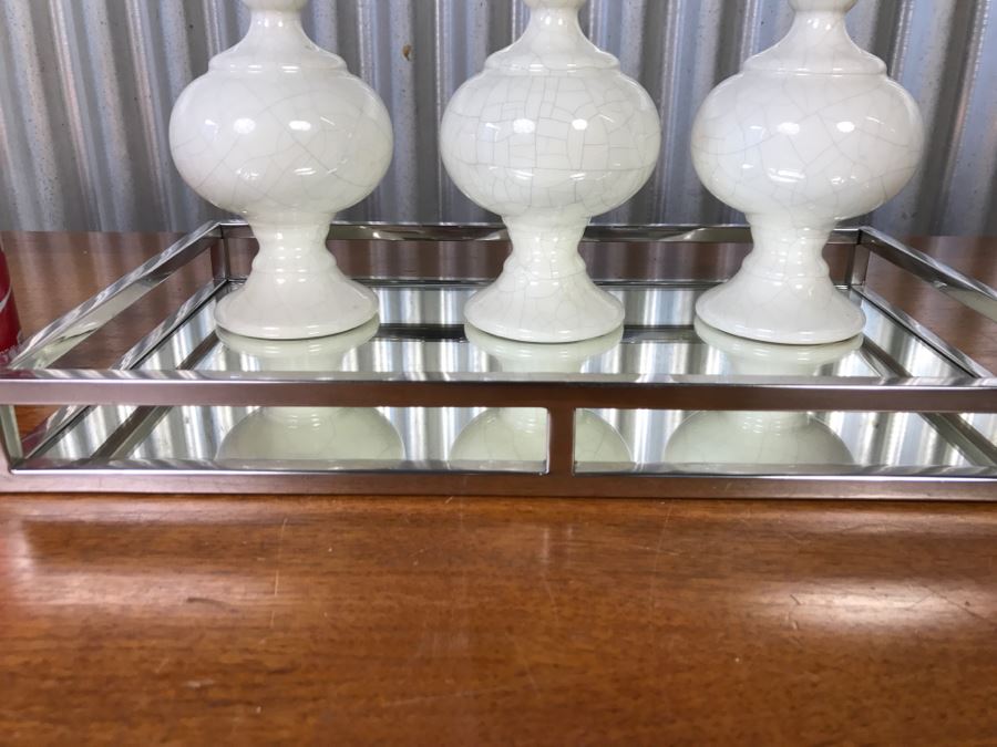 Chrome Mirrored Tray With (3) White Decorative Ornaments [Photo 3]