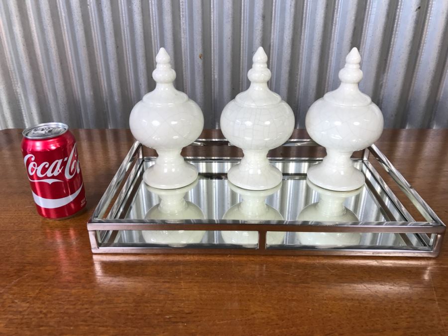 Chrome Mirrored Tray With (3) White Decorative Ornaments [Photo 1]