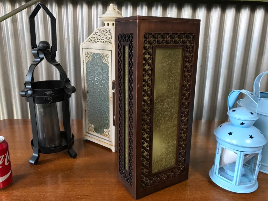 Pair Of Hanging Metal Handleholders, Metal Light Fixture, Blue Candleholder And Blue Watering Can [Photo 6]