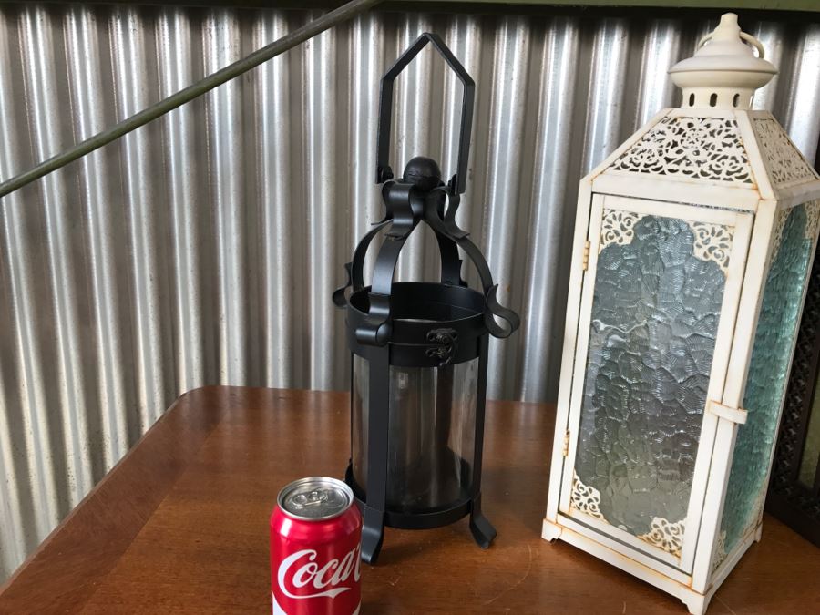 Pair Of Hanging Metal Handleholders, Metal Light Fixture, Blue Candleholder And Blue Watering Can [Photo 4]