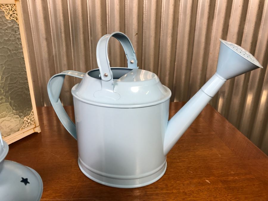 Pair Of Hanging Metal Handleholders, Metal Light Fixture, Blue Candleholder And Blue Watering Can [Photo 11]