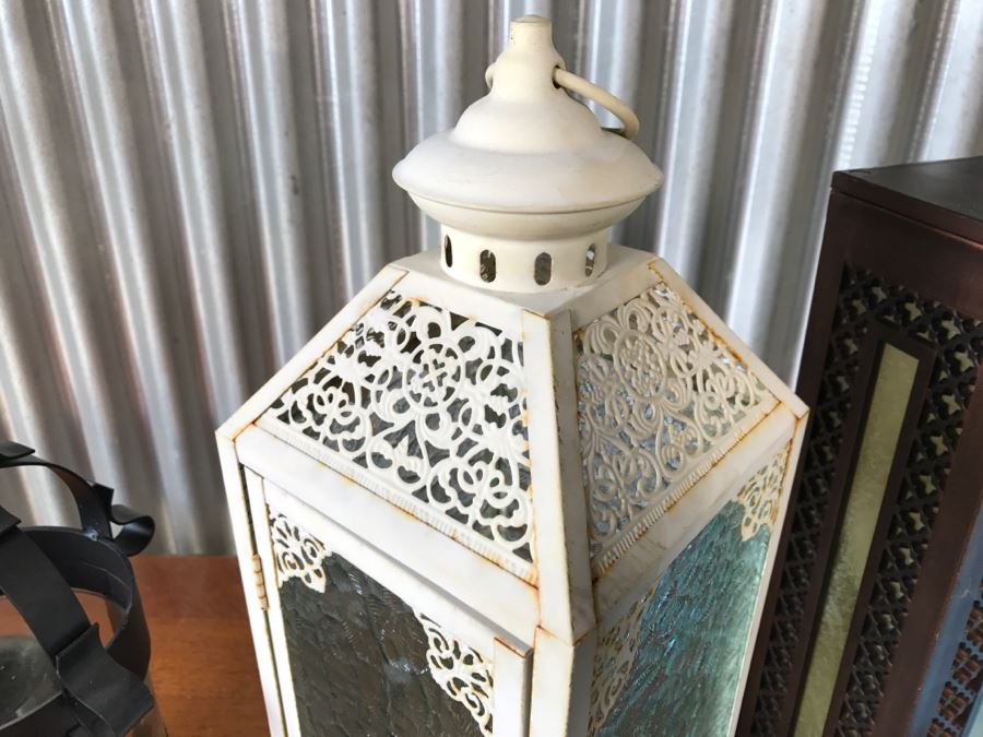 Pair Of Hanging Metal Handleholders, Metal Light Fixture, Blue Candleholder And Blue Watering Can [Photo 3]