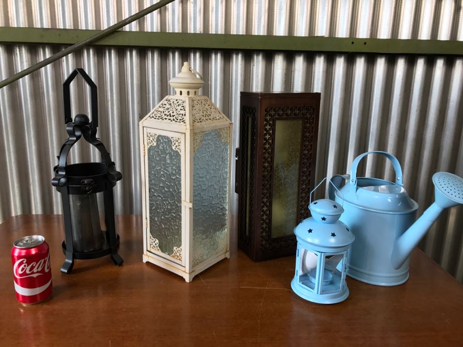 Pair Of Hanging Metal Handleholders, Metal Light Fixture, Blue Candleholder And Blue Watering Can [Photo 1]