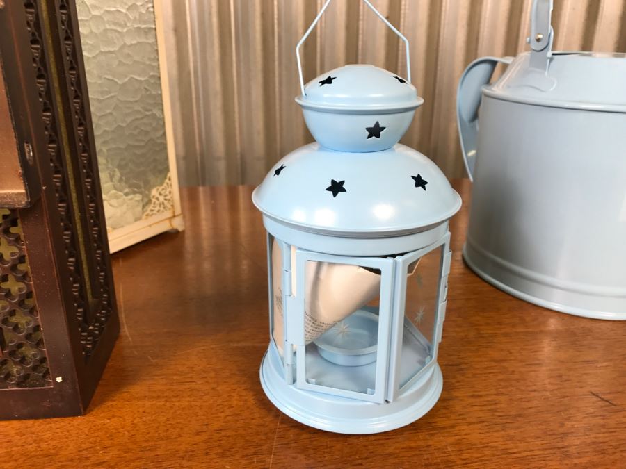 Pair Of Hanging Metal Handleholders, Metal Light Fixture, Blue Candleholder And Blue Watering Can [Photo 10]