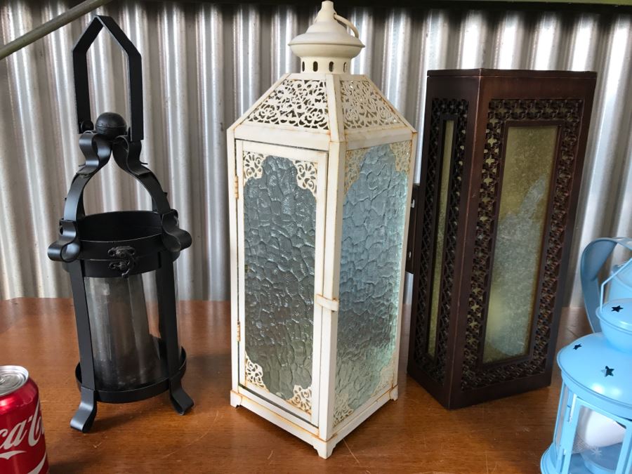 Pair Of Hanging Metal Handleholders, Metal Light Fixture, Blue Candleholder And Blue Watering Can [Photo 2]