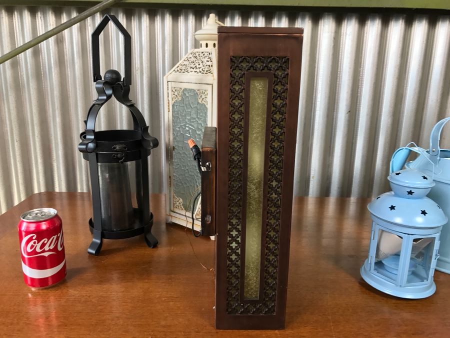 Pair Of Hanging Metal Handleholders, Metal Light Fixture, Blue Candleholder And Blue Watering Can [Photo 7]