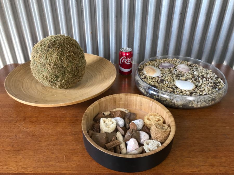 Home Decor Lot Featuring 3 Bowls With Rocks And Shells [Photo 1]