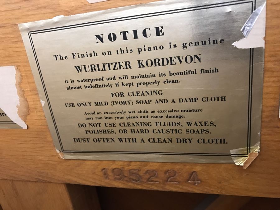 WURLITZER KORDEVON Art Deco Upright Spinet Piano S/N 195224 With Matching Needlepoint Piano Bench [Photo 20]