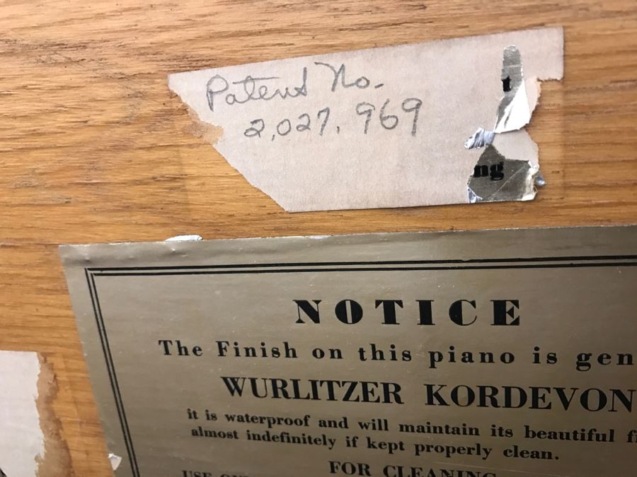 WURLITZER KORDEVON Art Deco Upright Spinet Piano S/N 195224 With Matching Needlepoint Piano Bench [Photo 21]