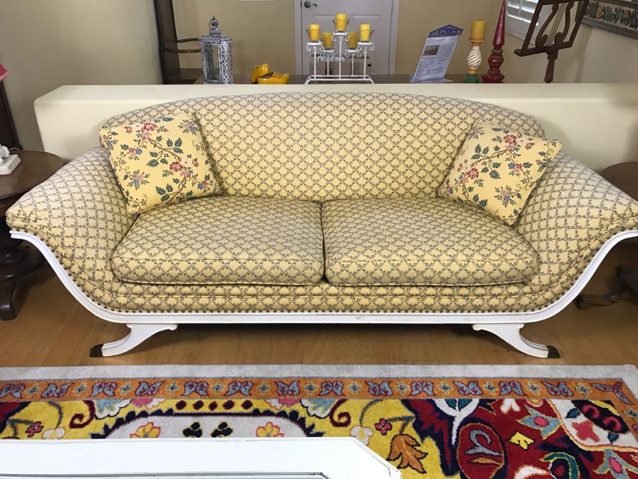 Stunning Vintage Horsehair Fabric Upholstered Sofa With Pair Of Throw Pillows [Photo 7]