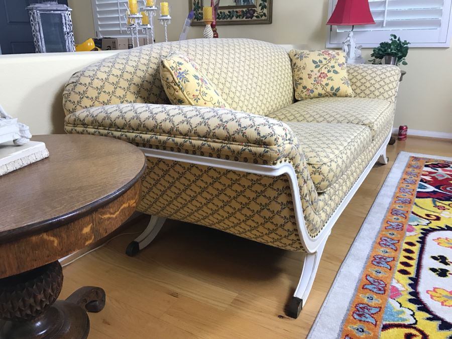 Stunning Vintage Horsehair Fabric Upholstered Sofa With Pair Of Throw Pillows [Photo 4]