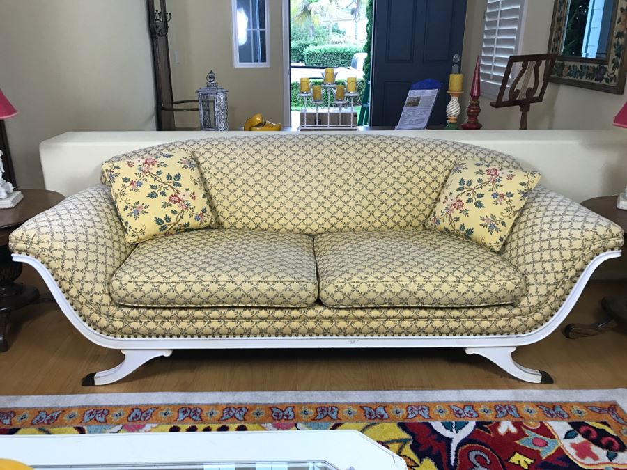 Stunning Vintage Horsehair Fabric Upholstered Sofa With Pair Of Throw Pillows [Photo 3]