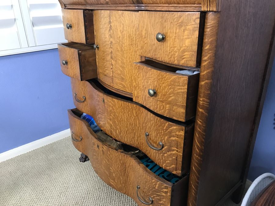 Antique Tiger Oak Highboy Dresser Chest Of Drawers With Serpentine Front And Claw Feet With Swivel Mirror [Photo 14]
