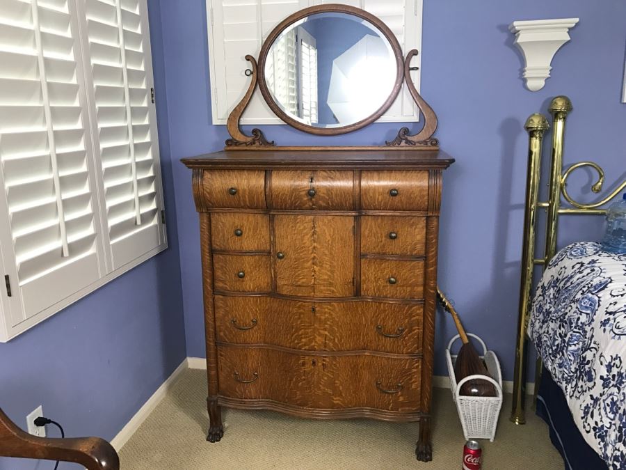 Antique Tiger Oak Highboy Dresser Chest Of Drawers With Serpentine Front And Claw Feet With Swivel Mirror [Photo 1]