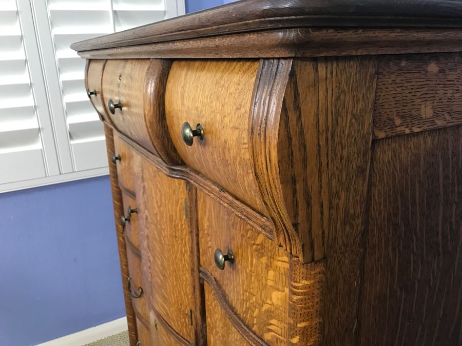 Antique Tiger Oak Highboy Dresser Chest Of Drawers With Serpentine Front And Claw Feet With Swivel Mirror [Photo 7]