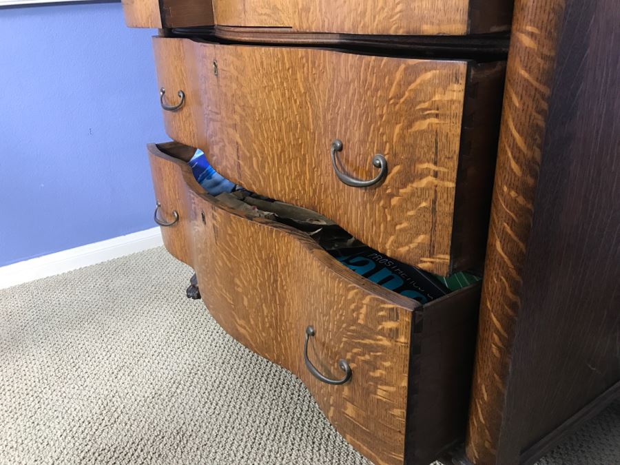 Antique Tiger Oak Highboy Dresser Chest Of Drawers With Serpentine Front And Claw Feet With Swivel Mirror [Photo 15]