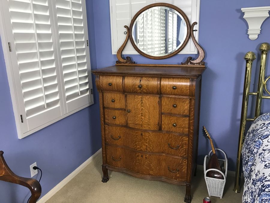 Antique Tiger Oak Highboy Dresser Chest Of Drawers With Serpentine Front And Claw Feet With Swivel Mirror [Photo 3]