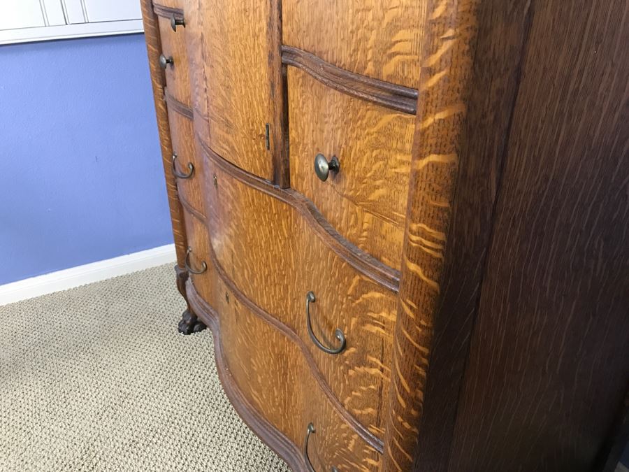 Antique Tiger Oak Highboy Dresser Chest Of Drawers With Serpentine Front And Claw Feet With Swivel Mirror [Photo 8]
