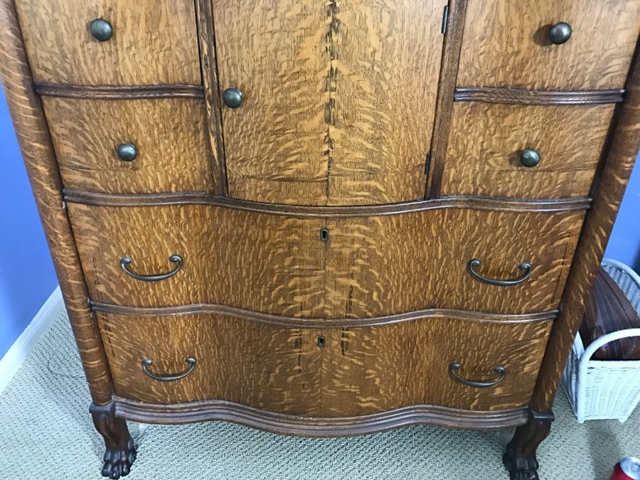 Antique Tiger Oak Highboy Dresser Chest Of Drawers With Serpentine