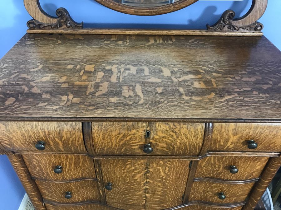 Antique Tiger Oak Highboy Dresser Chest Of Drawers With Serpentine Front And Claw Feet With Swivel Mirror [Photo 4]